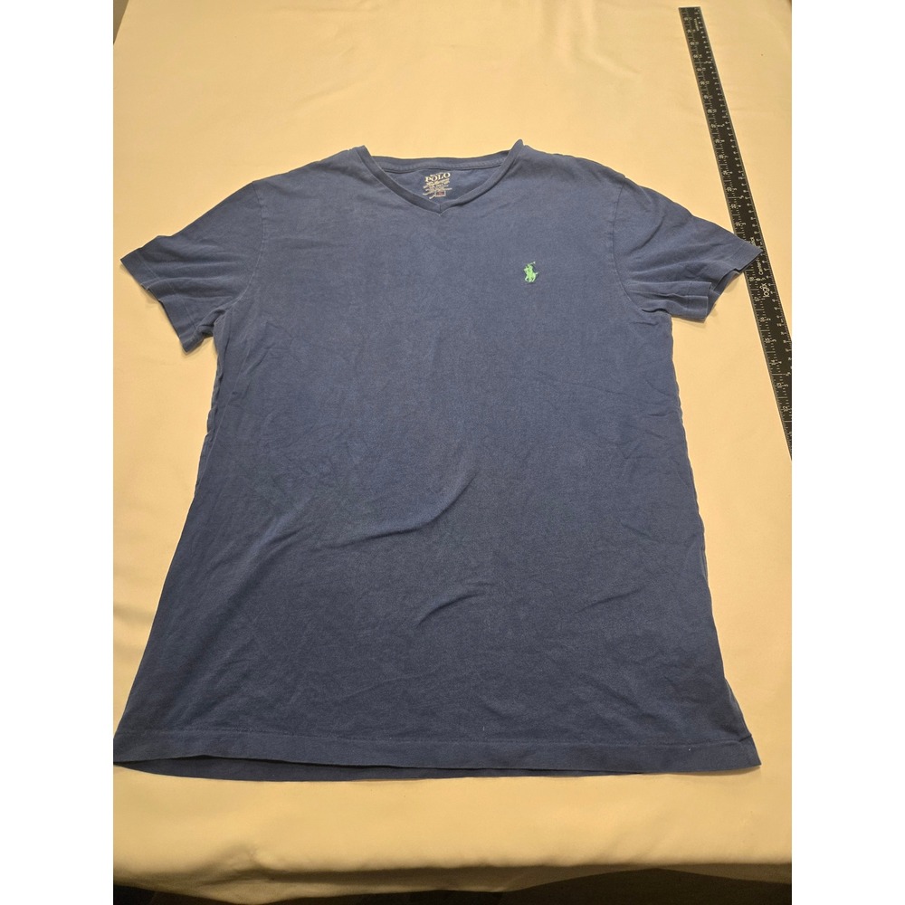 Polo Ralph Lauren V-Neck T-Shirt Mens Small Blue Excellent Lime Green Pony Logo